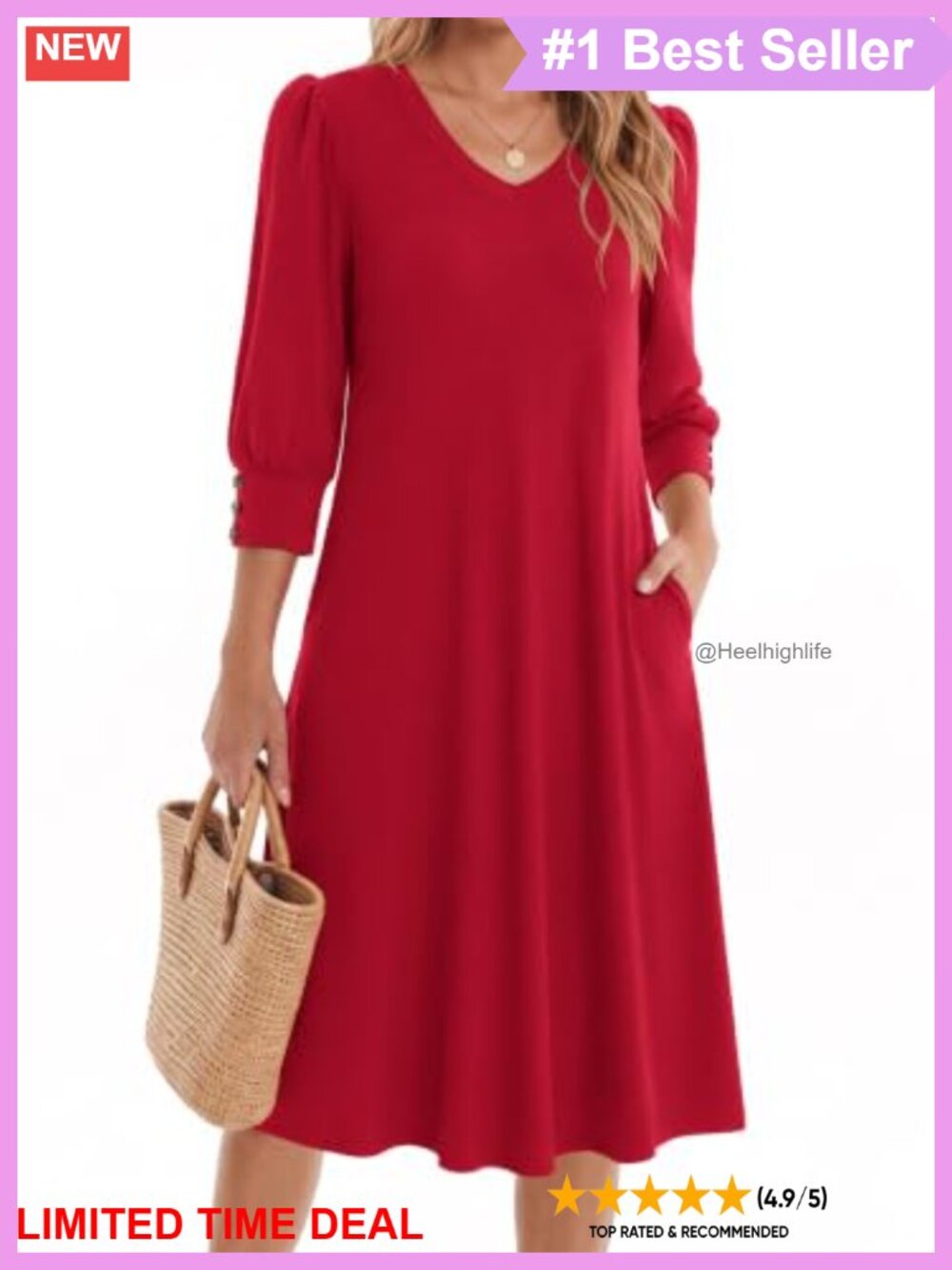 3/4 Sleeve V-Neck A-Line Midi Dress with Pockets